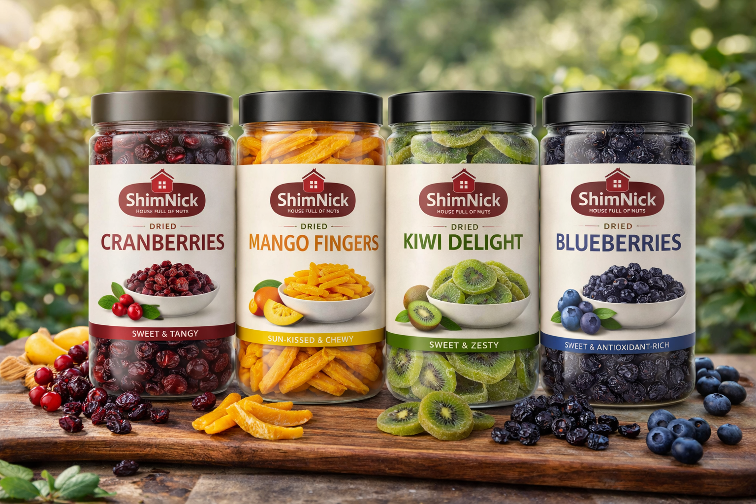 Four jars of ShimNick dried fruits and vegetables on a wooden board with a natural background.